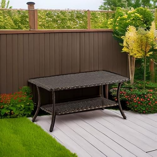 HUMMUH 42-inch 2-Tier Outdoor Patio Coffee Table, Brown PE Rattan Center Table with Powder-Coated Metal Frame for Garden, Backyard, Porch Storage