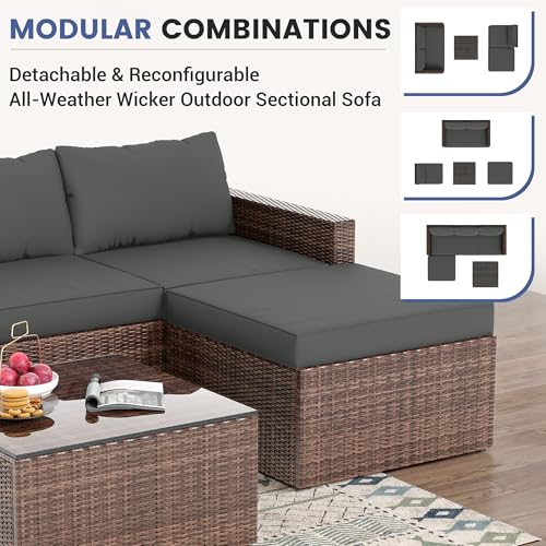 UDPATIO 5 Piece Patio Furniture Set, All-Weather Wicker Outdoor Sectional Sofa,Rattan L Shaped Outdoor Conversation Patio Sectional with Ottoman, Glass Table for Balcony Porch Backyard,Grey