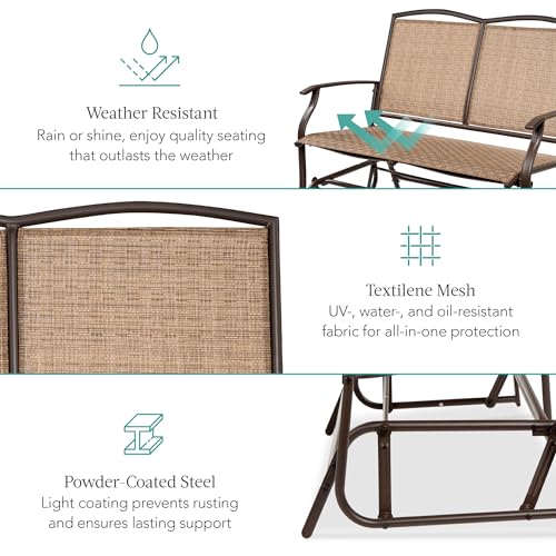 Best Choice Products 2-Person Outdoor Patio Swing Glider Steel Bench Loveseat Rocker for Deck, Porch w/Textilene Fabric, Steel Frame - Brown