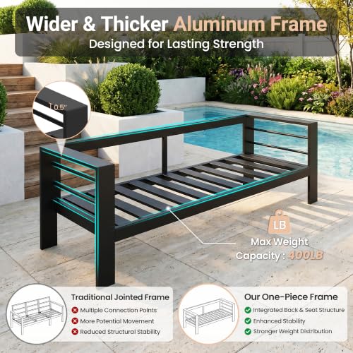 Solaste Aluminum Patio Loveseat, Metal Patio Sofa with Water-Resistant Cushion, Weather-Resistant Modern Outdoor Loveseat, Black Frame Grey Cushion