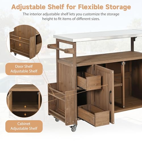 Christopher Knight Home Edsel Outdoor Bar Cart with Stainless Steel Top and Lockable Wheels, Solid Wood Outdoor Storage Cabinet, Kitchen Island Serving Cart for Poolside, Garden, Natural Brown+Silver