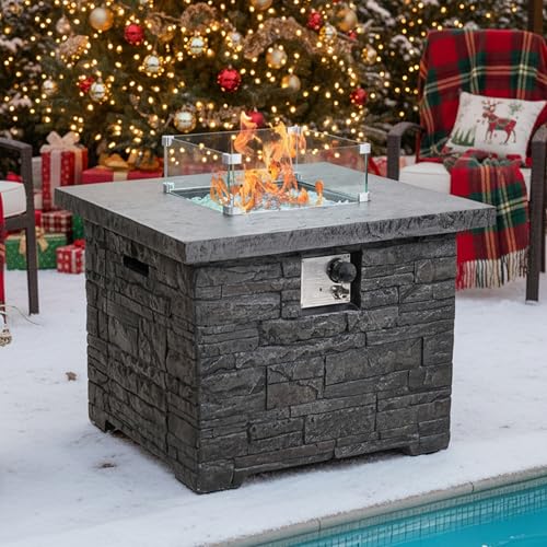 4-Piece Propane Fire Pit Table Set w Glass Wind Guard & Fire Glass Beads & Rain Cover, 35-Inch Square Outdoor Gas Fire Table 50,000 BTU for Patio, Black Terrazzo with Slate-Stone Look