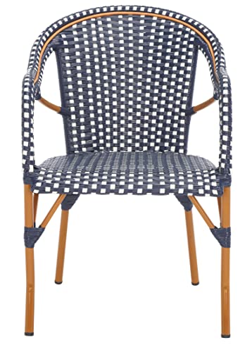 SAFAVIEH Outdoor - California Armchair Set of 2 - Navy & White - Faux Wicker & Aluminum Frame - Woven Bistro Design with Arms - Ideal for Patio, Sunroom, Dining Area, 17.3" Seat Height (PAT7531E-SET2)