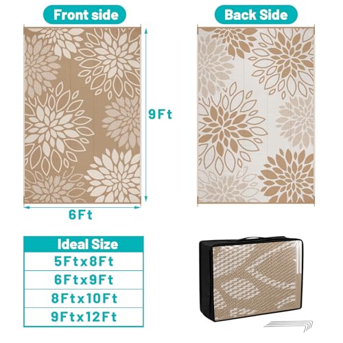 HEBE Waterproof Outdoor Rug 6x9 for Patios, Floral Reversible Plastic Straw Rug Patio Mat, Indoor Outdoor Carpet RV Mat Camping Rug for Deck, Camper, Porch, Balcony, Backyard, Picnic