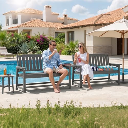 WELYAS Outdoor Bench with Unique 2 Cup Holders, Easy Assemble All Weather Low Maintenance Sturdy HDPE Bench for Garden Porch 2 Person,Grey