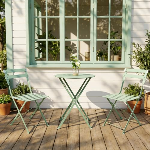 DSNAPE 3-Piece Folding Bistro Set, 2 Chairs and 1 Coffee Table, Space Saving Weather-Resistant Frame, Portable Indoor/Outdoor Patio Furniture Conversation Set for Garden Porch Balcony Deck - Green