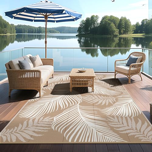 Pauwer Waterproof Outdoor Rug 5x8, Reversible Plastic Straw Patio Camping Rug, Indoor Outdoor RV Mat Carpet for Deck, Camper, Porch, Balcony, Backyard, Picnic, Leaf Brown