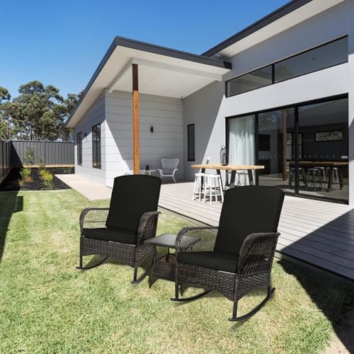 LEVELEVE 3 pcs Rocking Bistro Set Conversation Chairs PE Wicker Outdoor Rocking Chairs & Glass Table,for Porch Lawn Garden Backyard Deck(Rocking Set,Black)