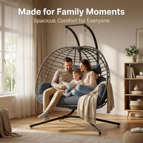 SWITTE Double Egg Swing Chair with Stand, Outdoor Patio 2 Person Hanging Wicker Hammock Chairs with Cushion for Indoor Bedroom, Lawn, Garden-Dark Grey