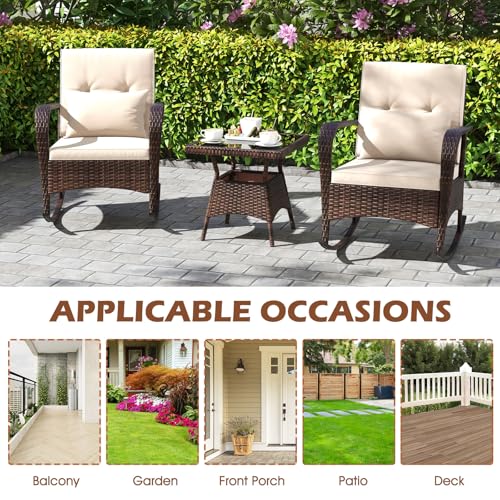 COSTWAY Outdoor Rocking Chairs Set of 2, 3 Piece PE Wicker Patio Bistro Set with Coffee Table & Thick Cushions, Rattan Patio Rocker Furniture for Front Porch Lawn Garden Backyard Deck Poolside (Beige)