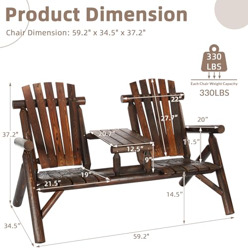 EPICOZY Outdoor 2-Person Wooden Adirondack Bench, Conversation Furniture Set with Patio Rustic Loveseat & Built-in Table, Carbonized Garden Bench Fire Pit Chair for Backyard Porch Pool Deck