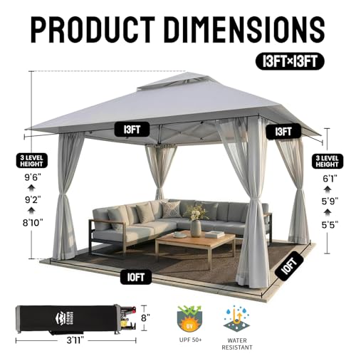 CROWN SHADES 13x13 Pop Up Gazebo, Canopy Tent, Gazebos on Clearance - Outdoor Gazebo for Backyard & Patio Furniture - Carpa Pop Up Tent with Wheeled STO-N-Go Cover Bag (Grey)