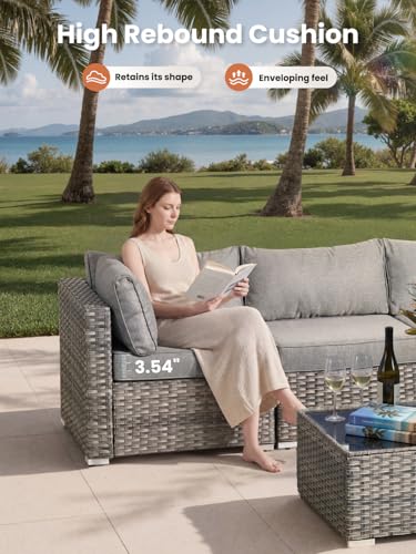 ovios 11 Piece Outdoor Patio Furniture Set with Fire Pit Table,Conversation Sectional Wicker Couch with Swivel Chairs,Modern Outside Sofa for Balcony Backyard, Dark Grey