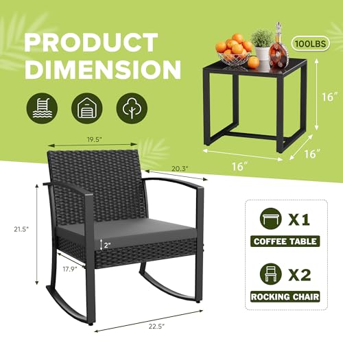 Homall Patio Furniture Set 3 Piece Resin Outdoor Bistro Set Rocking Patio Chairs with Cushions and Table for Porch, Poolside, Balcony and Yard (Grey)