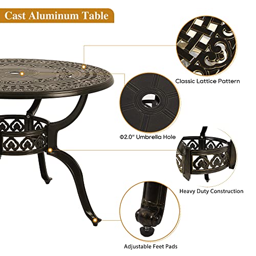 Sumshadow 5-Piece Cast Aluminum Outdoor Patio Dining Set, All Weather Cast Aluminum Outdoor Furniture Dining Set for Patio, Balcony, Lawn, Garden, Backyard w/4 Chairs and Cushions, 2.0" Umbrella Hole