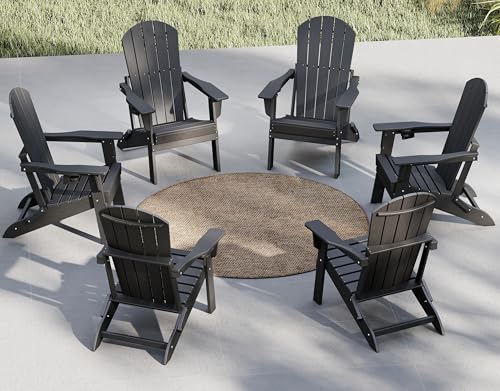 Plawdlik Folding Adirondack Chair Set of 6, Cup Holder，Wooden Textured ，Heavy All-Weather HDPE Comfortable Set Poolside Backyard Lawn, Black