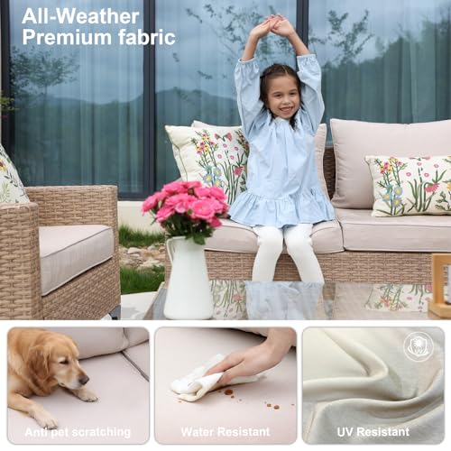 JOYURE 4-Piece Patio Furniture Set,Outdoor Wicker Patio Conversation Set with Tempered Glass Table,All-Weather Rattan Sectional Loveseat&Chairs with Thick Cushions for Garden,Deck,Backyard-Beige