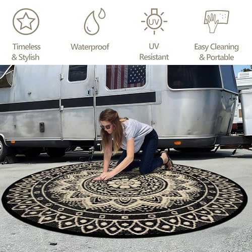 Round Outdoor Rugs for Patios, 6Ft Waterproof Reversible Plastic Straw Mat with Carry Bags, Boho Lightweight Outdoor Carpet Portable Round Floor Mat for Patio Camping Picnic Backyard RV,Black Camel