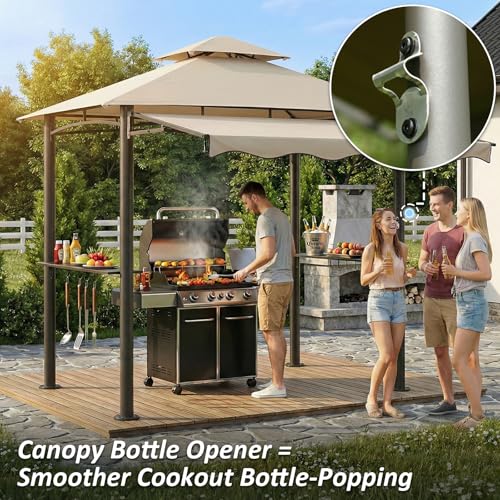 CHARMELEON 8x8 FT Grill Gazebo, Grill Canopy with Big Awning&2 Side Shelves&6 Hooks&Bottle Opener, Powder-Coated Steel BBQ Shelter for Patio Backyard Outdoor Grilling-Beige