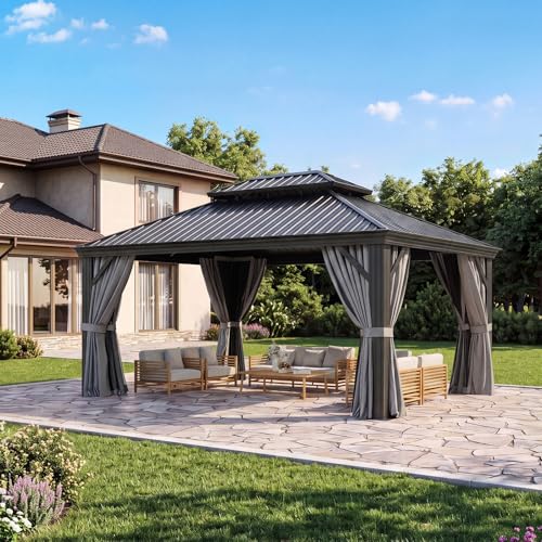 Aoxun 12' x 16' Permanent Hardtop Gazebo with Galvanized Steel Double Roof and Aluminum Frames Outdoor Large Pavilion Gazebo for Patio Deck Garden, Nettings and Curtains Included, Gray