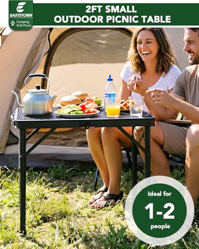 2Ft Small Folding Table with Carry Handle, Camping Table Adjustable Height 10.6–22 in, Black Metal Mesh, Portable & Compact for Outdoor/Indoor,Grill Table, 23.6×15.8 in, 4 lb, 66 lb Capacity