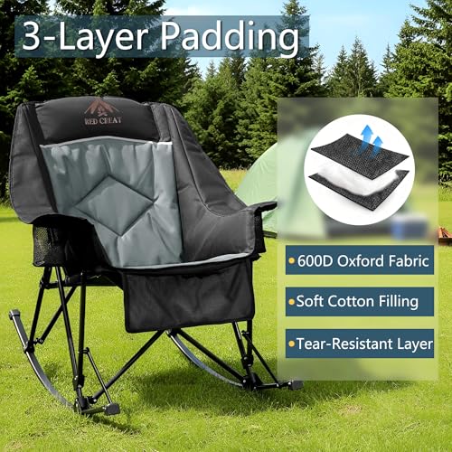 RED CREAT 400lbs Rocking Camping Chair, Oversized Heavy Duty XL Folding Rocker for Adults, Padded High Back Big & Tall Support, with Cup Holders & Carry Bag for RV, Lawn, Patio & Sports