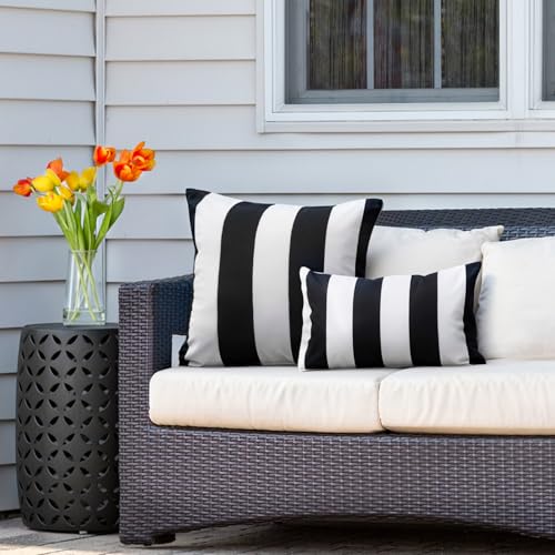 WESTERN HOME WH Pack of 2 Decorative Outdoor Waterproof Striped Throw Pillow Covers Polyester Garden Modern Farmhouse Striped Cushion Cases for Patio Tent Balcony Couch Sofa 18x18 inch Black