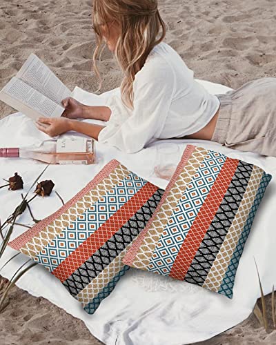 Coutious Outdoor Waterproof Throw Pillow Covers Boho Stripe Tribal Vingtage Lumbar Pillowcases Bohemian Style Pattern Decorative Pillows Cushion Case Patio Pillows for Couch Bed Garden 20 x 12 Inches