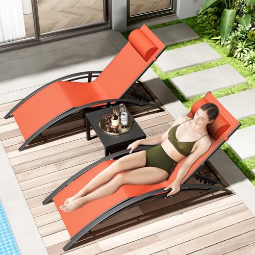 AthLike 3 pcs Poolchairs Patio Chaise Lounge Set with Headrest, 5-Level Adjustable Sunbathing Tanning Poolside Recliner Chairs with Side Table for Outdoor Beach (Orange)