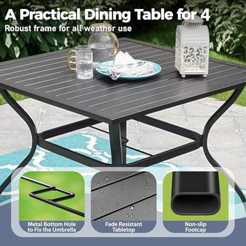 SUNSHINE VALLEY 5 Piece Patio Dining Set for 4, 37”x37” Square Table with Umbrella Hole, 4 Metal Brown Chairs, Outdoor Table and Chairs Set for Lawn Backyard and Deck