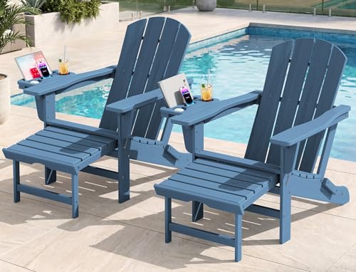 KINGYES Adjustable Folding Adirondack Chair with Footrest & 4-in-1 Multi-Functional Armrest Organizer, HDPE Foldable Recliner Adirondack Chair with Pull-Out Ottoman, Blue