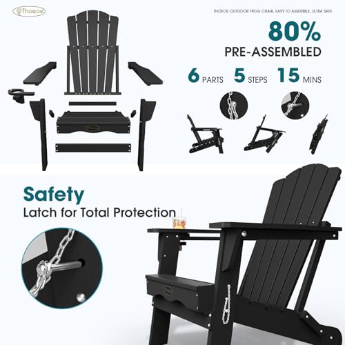 THOEOE Folding Adirondack Chair Set of 2,HDPE All-Weather Outdoor Chair with Cup Holder,Wooden Textured,Fire Pit Chair,Plastic Patio Chair for Deck,Backyard,Garden,Lawn, Black
