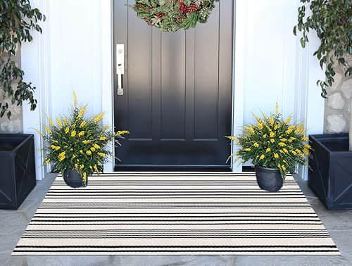 Black and White Striped Outdoor Rug 24'' x 51''Farmhouse Front Porch Rug Hand-Woven Machine Washable Layered Door Mats for Entryway/Bedroom/Patio/Porch Decor
