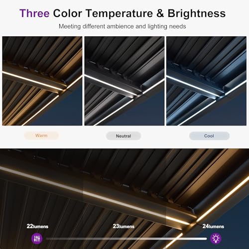 PURPLE LEAF Large Louvered Pergola 92KS 13' x 30' with Integrated Solar LED Strip Light Adjustable Aluminum Roof Weather-Resistant Pergolas for Outdoor Patio Garden Yard Gray