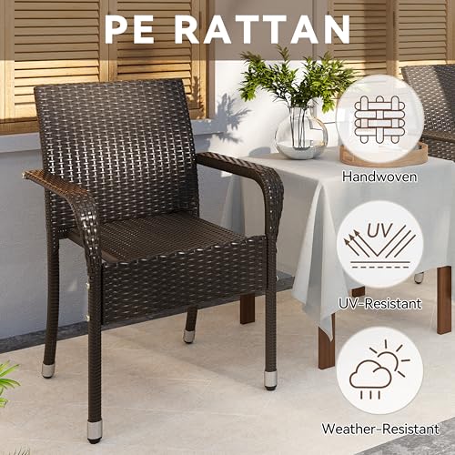 Yaheetech Set of 2 Stackable Outdoor Rattan Dining Chairs, All-Weather Armchair w/Armrests, Steel Frame for Garden, Patio, Deck, Yard, Poolside, Brown