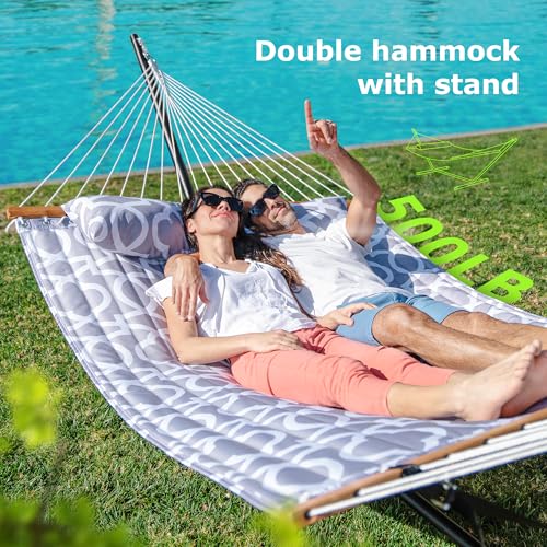 ANAGOO Double Hammock with Stand, Heavy Duty Outdoor Hammock for Two, 500 LBS Capacity, Stable Steel Frame with Balance Strap, Easy Tool-Free Assembly for Patio, Garden, Backyard & Beach,White Grey