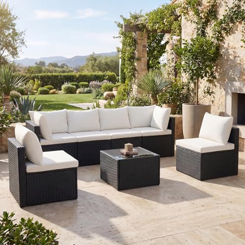 DUMOS 7 Piece Outdoor Patio Sectional Sofa, Modular Wicker Furniture Set with 2.8" Thick Cushions, Adjustable Feet, Weather-Resistant Rattan Outdoor Couch for Backyard, Deck, Garden, Poolside, Black