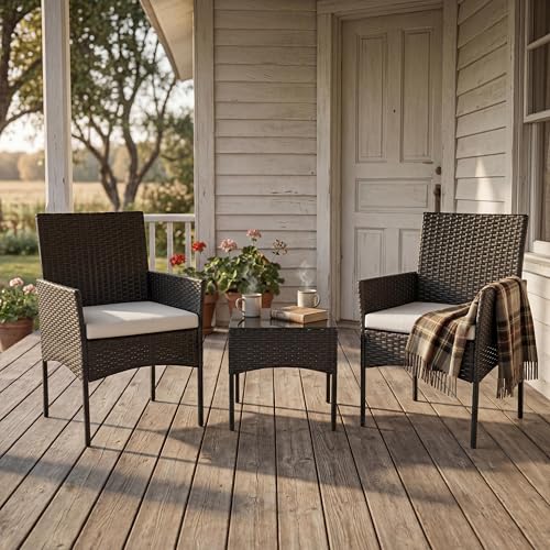 Sweetcrispy 3 Piece Patio Furniture Set, All-Weather Outdoor Conversation Set with Removable Cushions & Tempered Glass Table, Small Bistro Set for Balcony, Porch, Backyard, Deck, Black