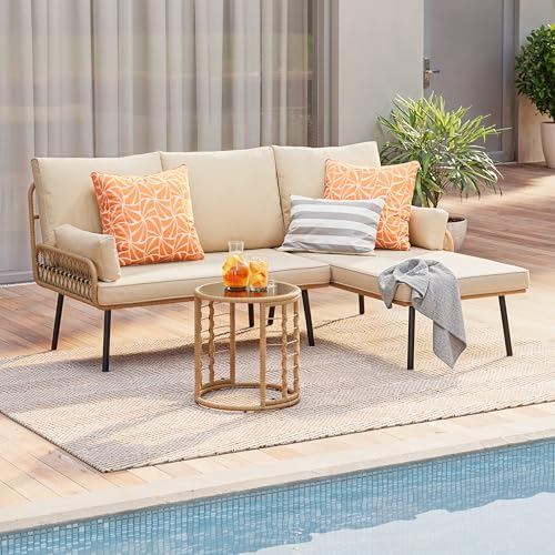Gizoon 3-Piece Outdoor Patio Furniture Set, All-Weather PE Wicker L-Shaped Conversation Sofa with Thick Cushions & Glass Table, for Backyard, Porch, Balcony, Poolside (Beige)