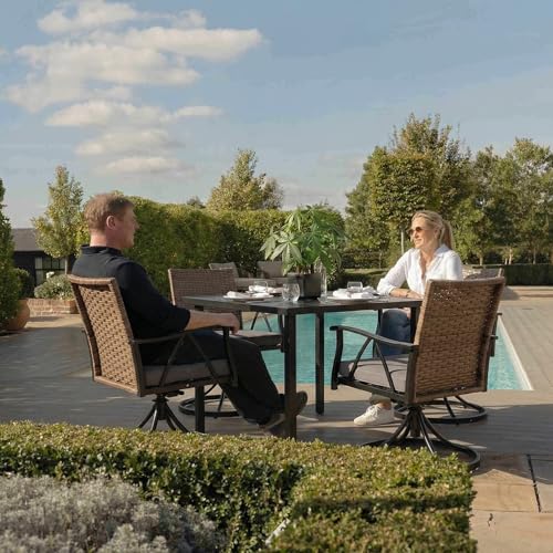 Andehomy 5-Piece Patio Dining Set for 4，Outdoor Dining Set with Wicker Swivel Patio Dining Chairs with Cushions & 1 Black Square Woodgrain Dining Table with 1.75”Market Umbrella Hole, Black & Brown