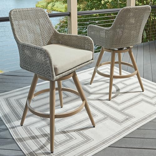 Signature Design by Ashley Seton Creek Casual Nuvella Weather Resistant Fabric, Resin Wicker Swivel Outdoor Bar Height Bar Stool with Cushion, Footrest and Armrest, Set of 2, Beige & Light Gray