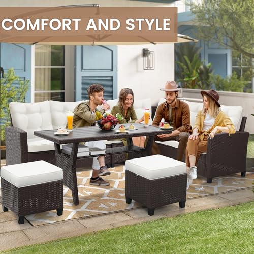 KROFEM 6-Piece Patio Furniture Set, Outdoor Sectional Sofa with Dining Table & Chairs, All-Weather Dining Set with Removable Cushion Covers, Ideal for Garden, Porch, Backyard, White