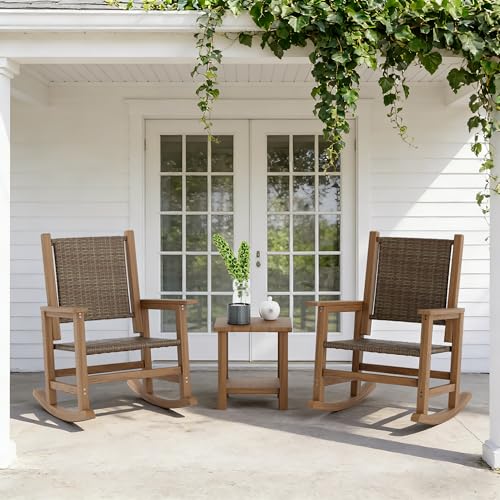 RICNOD HDPE Rocking Chair Outdoor 1 PCS, Wicker Rocking Chair for Patio, Woven Seat & Back, All Weather Rocking Chair for Front Porch, Garden, Lawn and Balcony (Brown)