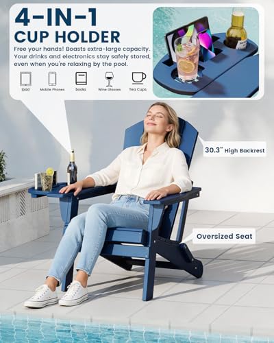 FOOWIN Folding Adirondack Chair Set of 4, HDPE Adirondack Chairs with Cup Holder, Weather Resistant Plastic Fire Pit Chairs for Outdoor, Patio, Lawn, Garden, Backyard, Deck, Dark Blue