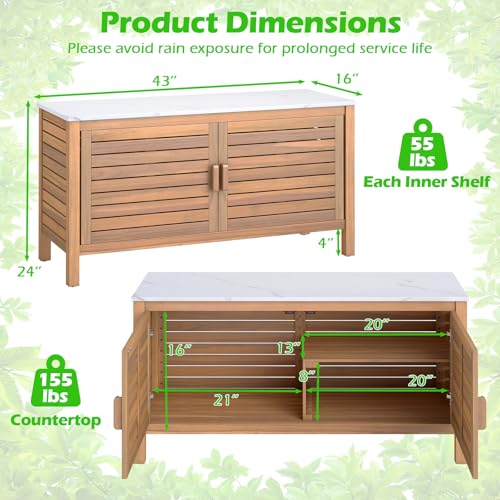 Goplus Patio Storage Cabinet, 2-Door Acacia Wood Console Table with Faux Marble Top, Outdoor Wooden Sideboard for Deck, Garden, Backyard & Entryway
