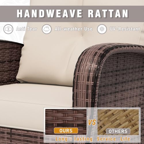 Qsoer Patio 3-Seater Sofa, PE Wicker Outdoor Lounge with Thick Removable Cushions, Rust-Proof Steel Frame, 900LBS Capacity, Beige