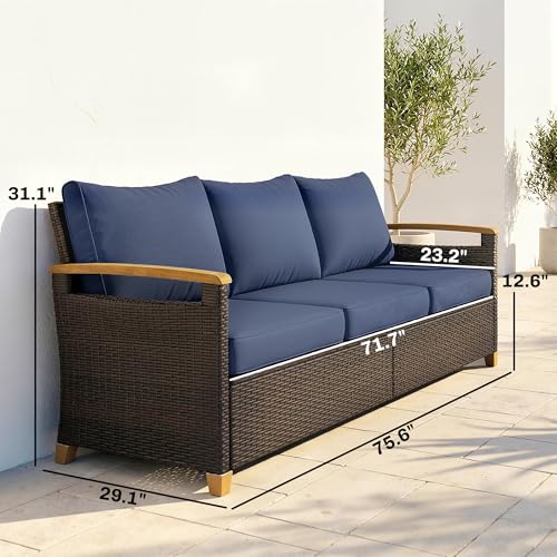 Outsunny 3 Seater Outdoor Couch Sofa, PE Wicker Patio Couch with Wide Deep Seating, 4" Foam Cushions, Wood-Effect Armrests and Legs, Patio Sofa Furniture for Garden, Backyard, Porch, Dark Blue