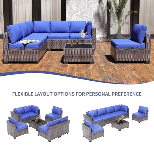 TrailBlaze 7-Piece Outdoor Patio Sectional Sofa Set - All-Weather PE Rattan Wicker Conversation Furniture with Thick Navy Blue Cushions & Glass Top Coffee Table - for Garden, Balcony, Porch - Brown