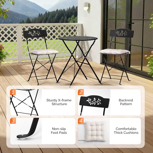 VINGLI Outdoor Folding Bistro Table and Chairs Set of 2, 3-Piece Bistro Set with Olive Leaf Cutout Design and Comfortable Cushions for Patio, Balcony, Garden, Porch, Yard, Black