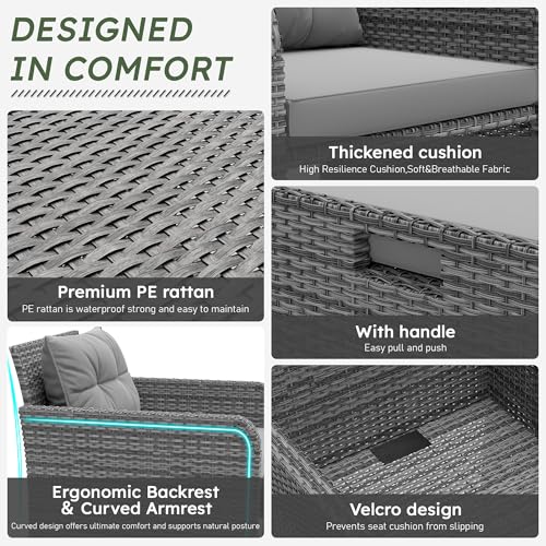 LHBcraft Outdoor Furniture 5 Piece Patio Conversation Set, PE Rattan Patio Set with Soft Cushions & Coffee Table, Outside Furniture with Hidden Ottoman for Porch, Lawn, Garden, Balcony, Grey